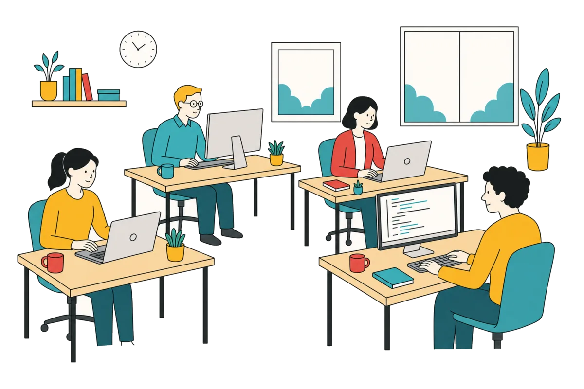 Illustration : l’équipe de développeurs de Platane au travail dans un bureau en France
